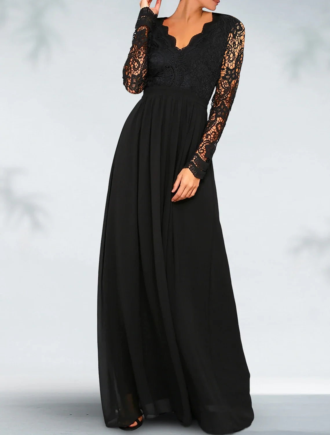 A-Line Evening Dress Black Dress Plus Size Open Back Dress Formal Wedding Guest Floor Length Long Sleeve V Neck Gothic Chiffon with Pleats