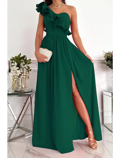 Women's Sleeveless Pure Color Patchwork Cold Shoulder Long Maxi Homecoming Dress