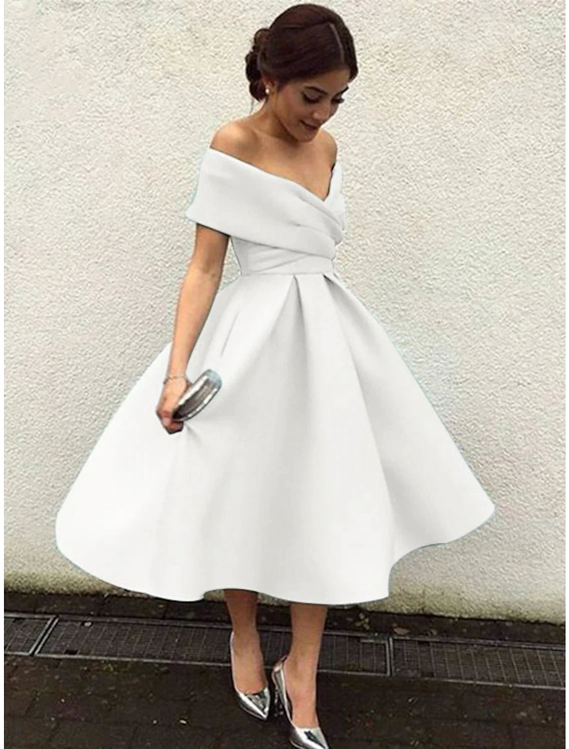 A-Line Cocktail Dresses 1950s Dress Wedding Guest Homecoming Tea Length Short Sleeve V Neck Fabric V Back with Pleats