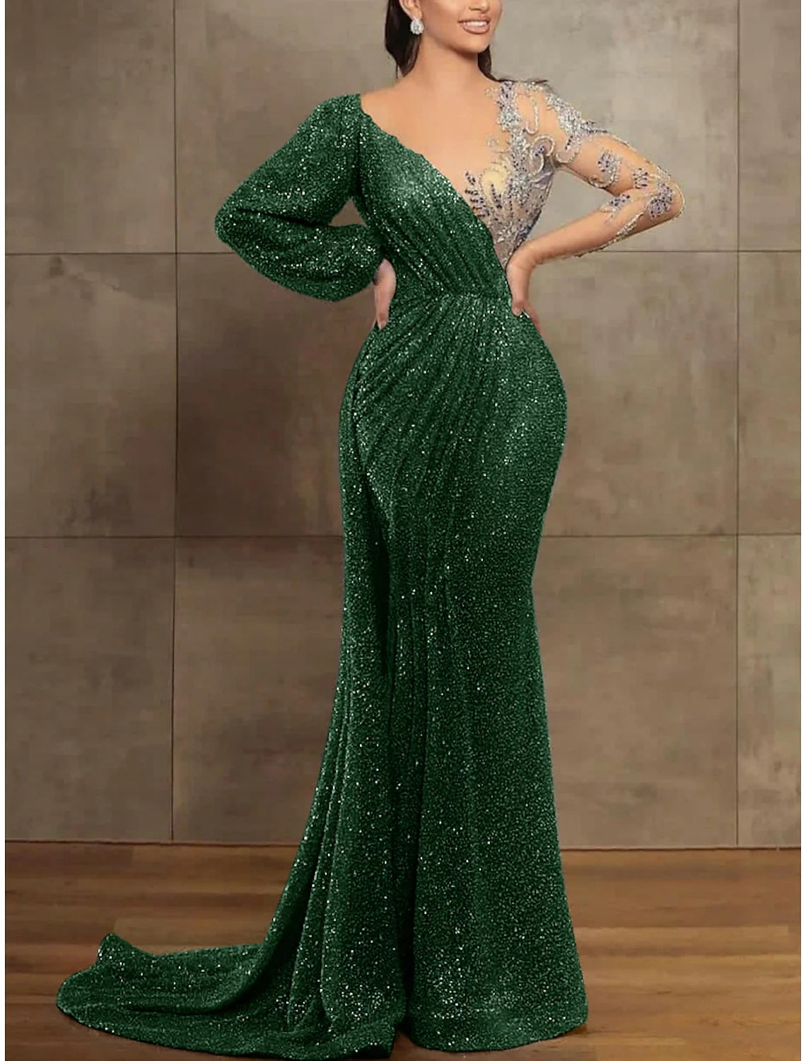 Sequin Mermaid / Trumpet Evening Gown Champagne Gold Elegant Dress Formal Christmas Red Green Dress Court Train Long Sleeve Illusion Neck Sequined with Pleats 2026