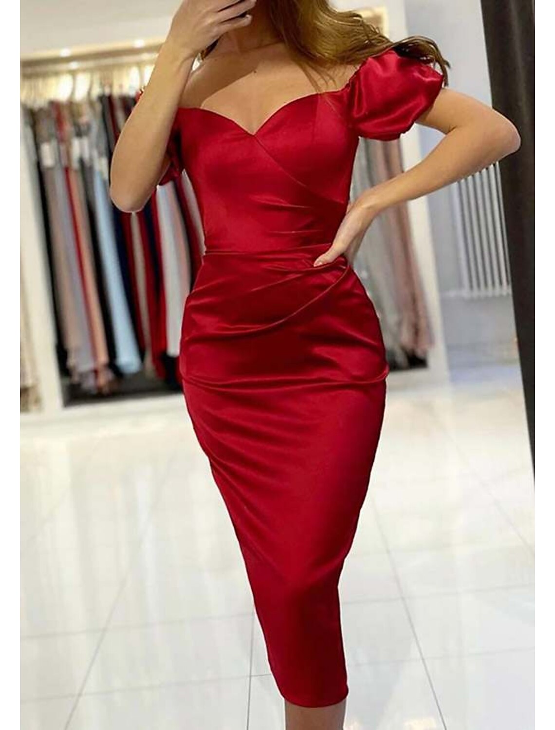Sheath / Column Cocktail Dresses Minimalist Dress Wedding Guest Wedding Party Tea Length Short Sleeve Off Shoulder Charmeuse with Ruched