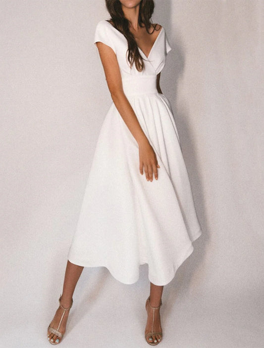 A-Line Cocktail Dresses Party Dress Homecoming Wedding Guest Tea Length Short Sleeve Off Shoulder Fabric with Sleek Pure Color 2026