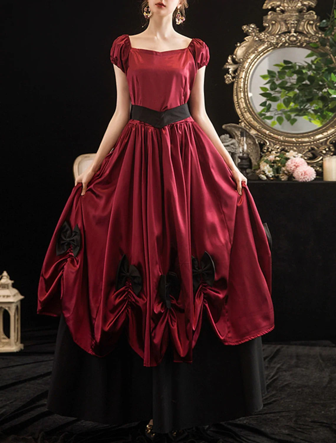 Ball Gown Party Dresses Vintage Dress Halloween Floor Length Short Sleeve Off Shoulder Polyester with Sash / Ribbon Bow(s) Pleats