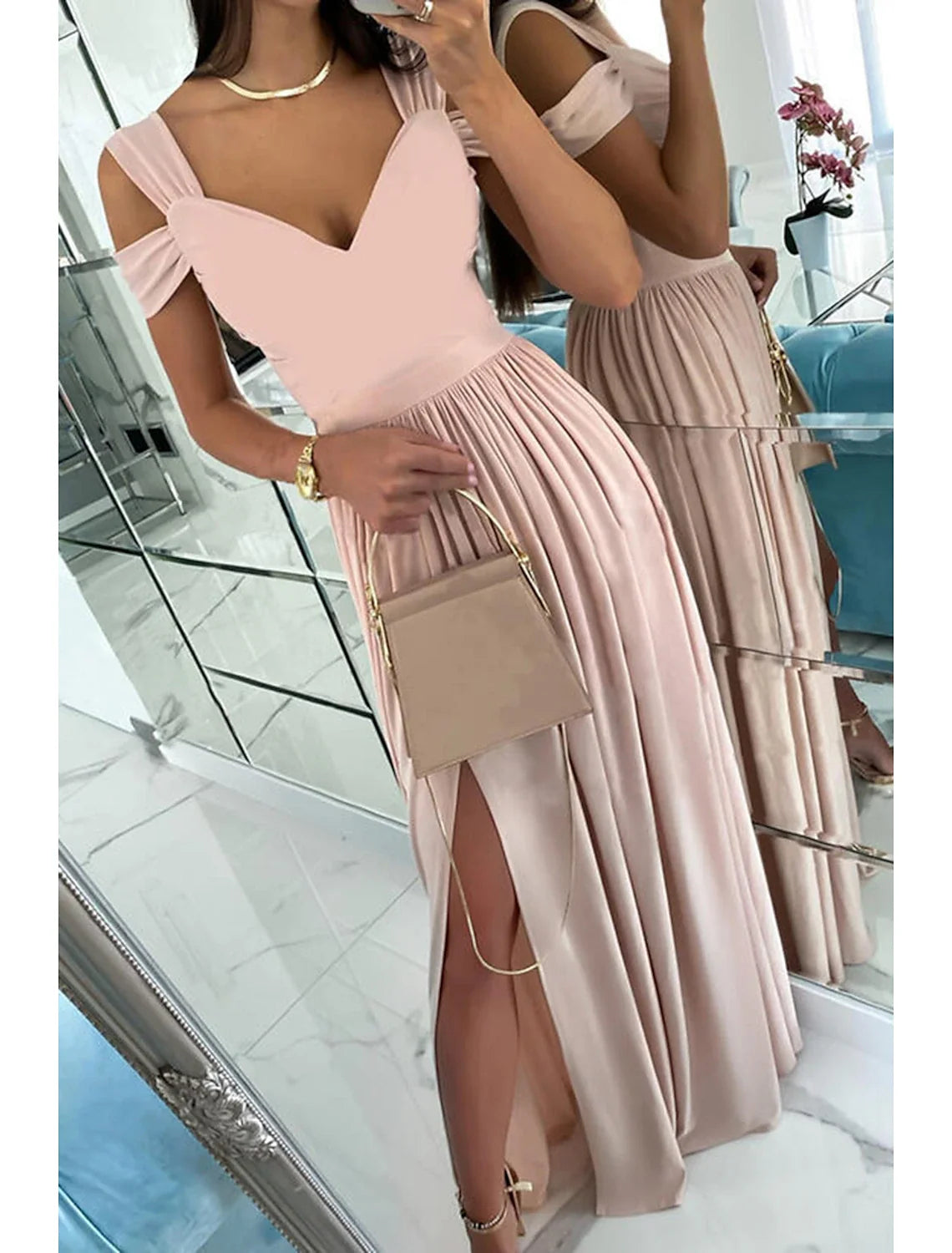 Women‘s Cold Shoulder V Neck Long Short Sleeve Pure Color Romantic Party Homecoming Dress