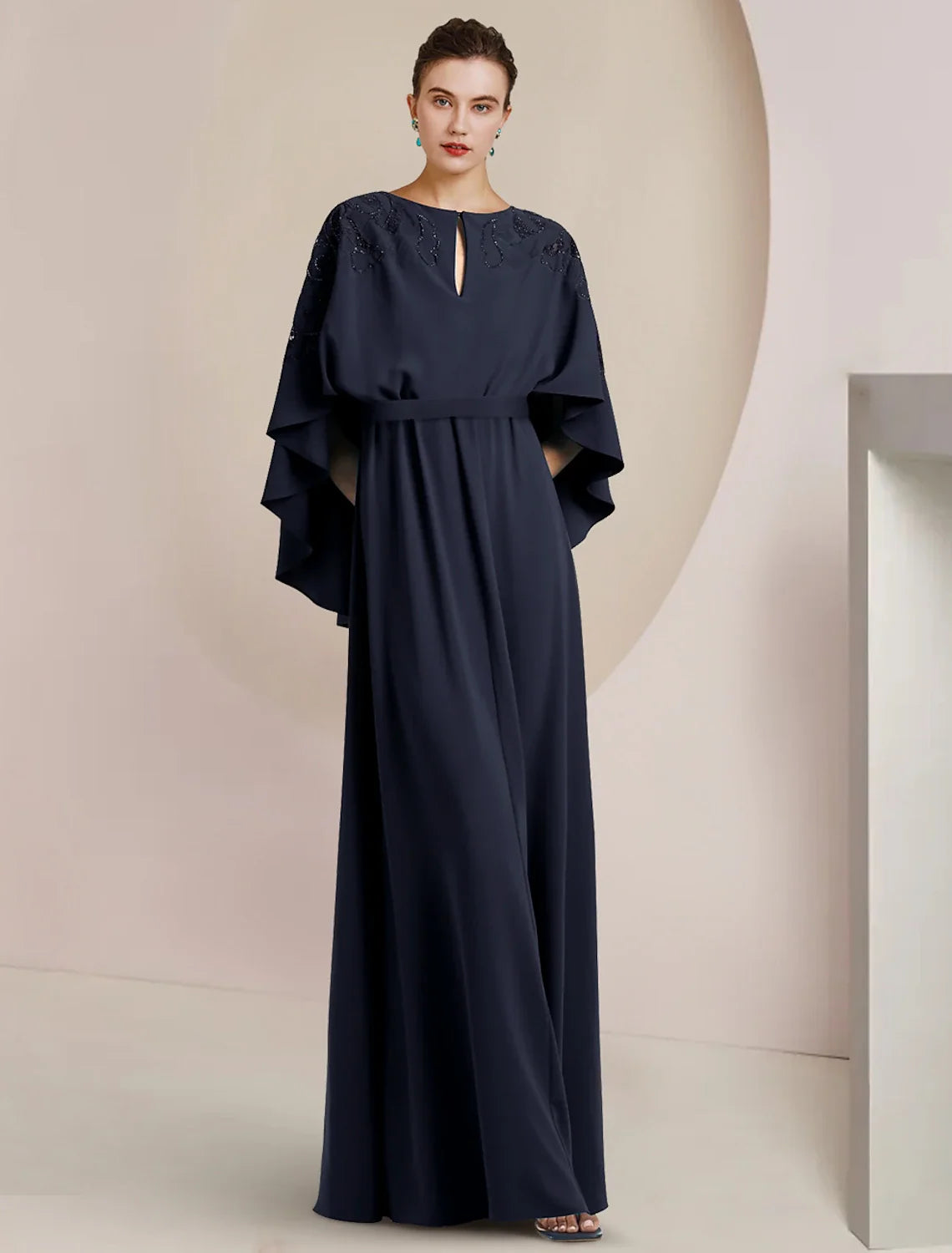 A-Line Mother of the Bride Dress Formal Wedding Guest Elegant V Neck Floor Length Chiffon Sleeveless with Beading