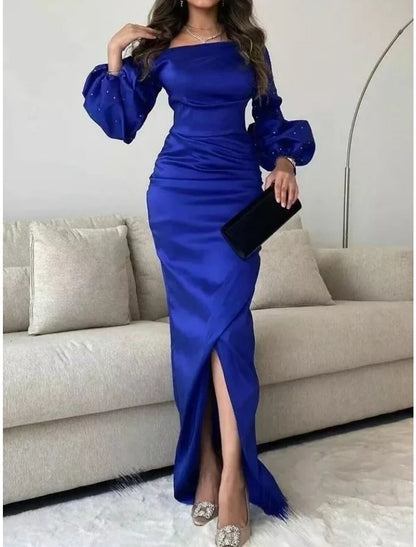 Mermaid / Trumpet Evening Gown Elegant Dress Formal Floor Length Long Sleeve Square Neck Satin with Ruched Sequin Slit 2026