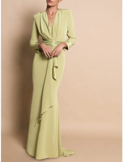 Sheath / Column Mother of the Bride Dress Formal Wedding Guest Elegant Party V Neck Sweep / Brush Train Chiffon Long Sleeve with Draping Ruching