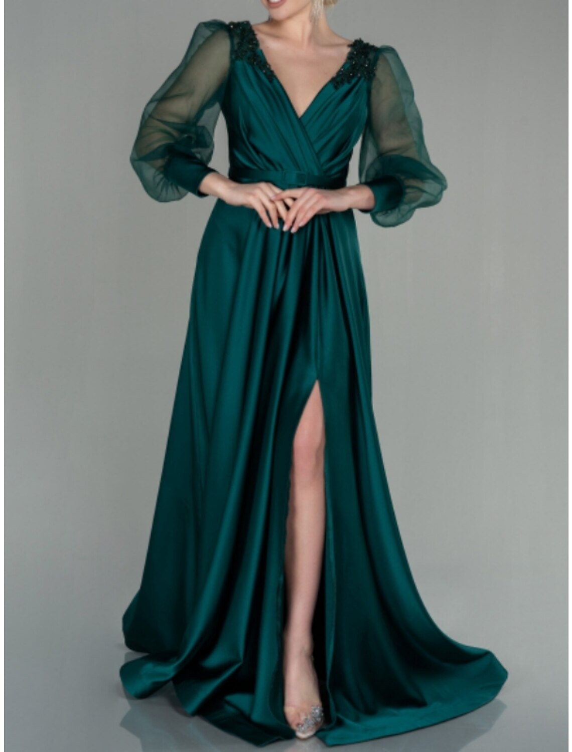 A-Line Evening Gown Elegant Dress Formal Fall Floor Length Long Sleeve V Neck Satin with Pleats Slit Shouder Flower 2026
