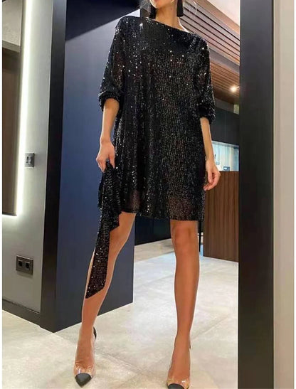 Women's Sequin Dress Party Dress Homecoming Dress Mini Dress Silver Black White Long Sleeve Pure Color Lace up Fall Winter Autumn Crew Neck Red Valentines Dress Winter Dress Valentine's Day Wedding
