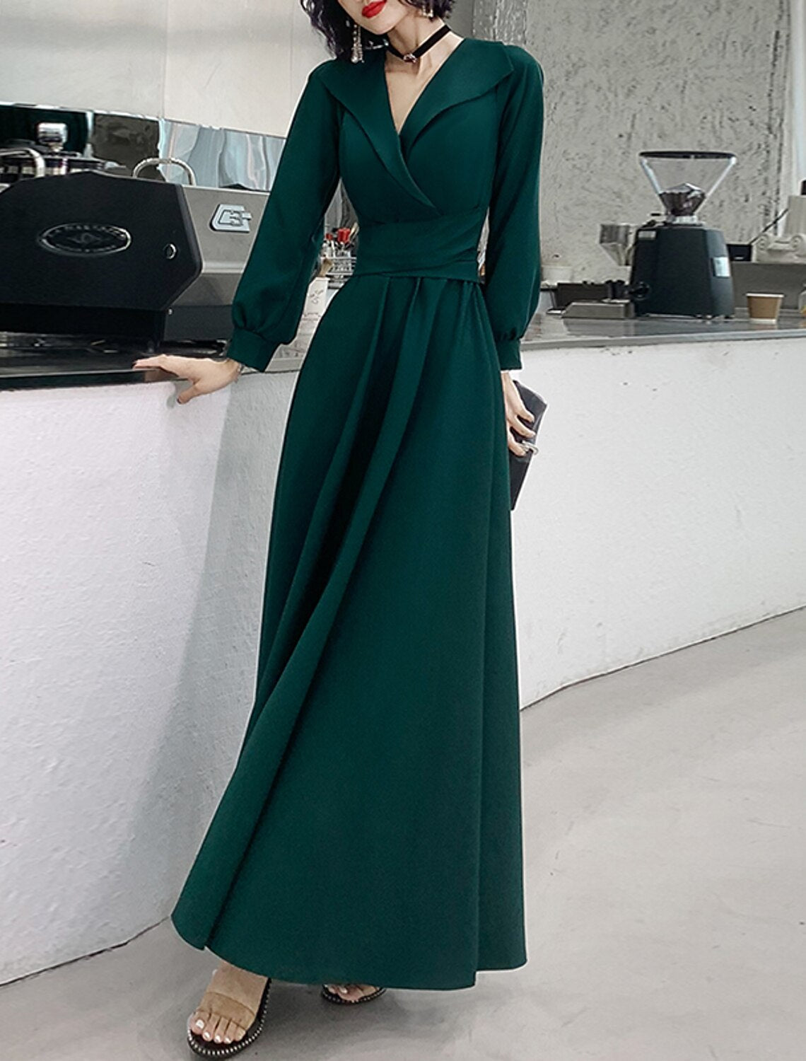 A-Line Evening Gown Minimalist Dress Prom Formal Evening Floor Length Long Sleeve V Neck Fabric with Sash / Ribbon