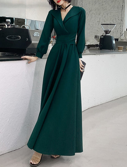 A-Line Evening Gown Minimalist Dress Prom Formal Evening Floor Length Long Sleeve V Neck Fabric with Sash / Ribbon