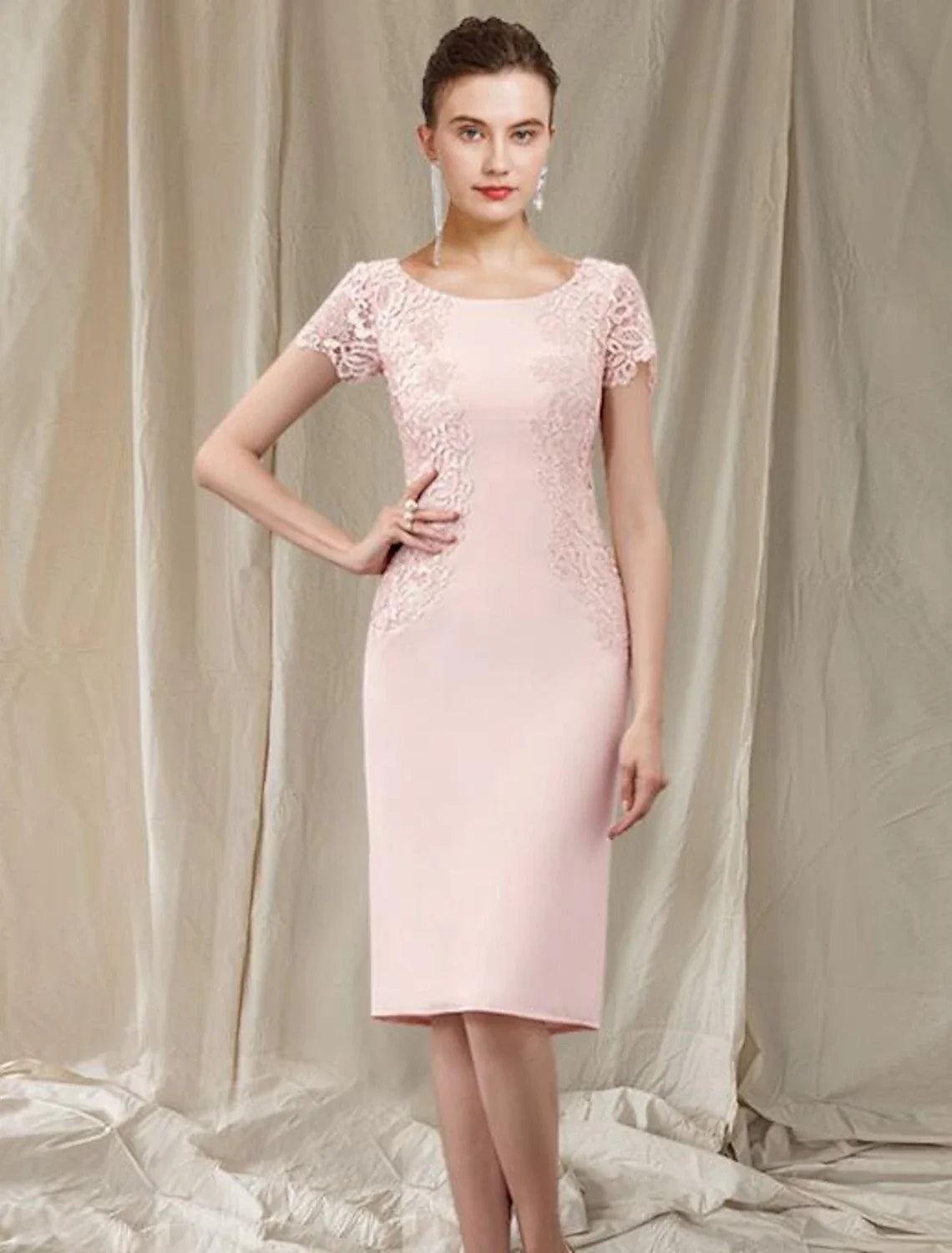 Sheath / Column Mother of the Bride Dress Elegant Jewel Neck Knee Length Lace Fabric Short Sleeve with Appliques