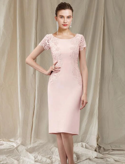 Sheath / Column Mother of the Bride Dress Elegant Jewel Neck Knee Length Lace Fabric Short Sleeve with Appliques