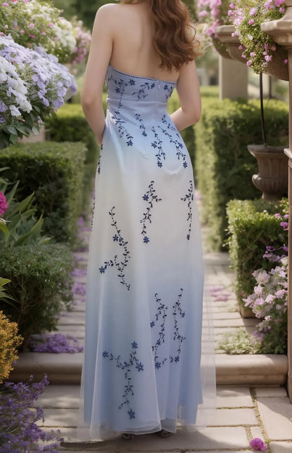 Girlhomeshops--Blue and white exquisite floral strap fashion long tulle floor-length ball gown graduation dress gh5520