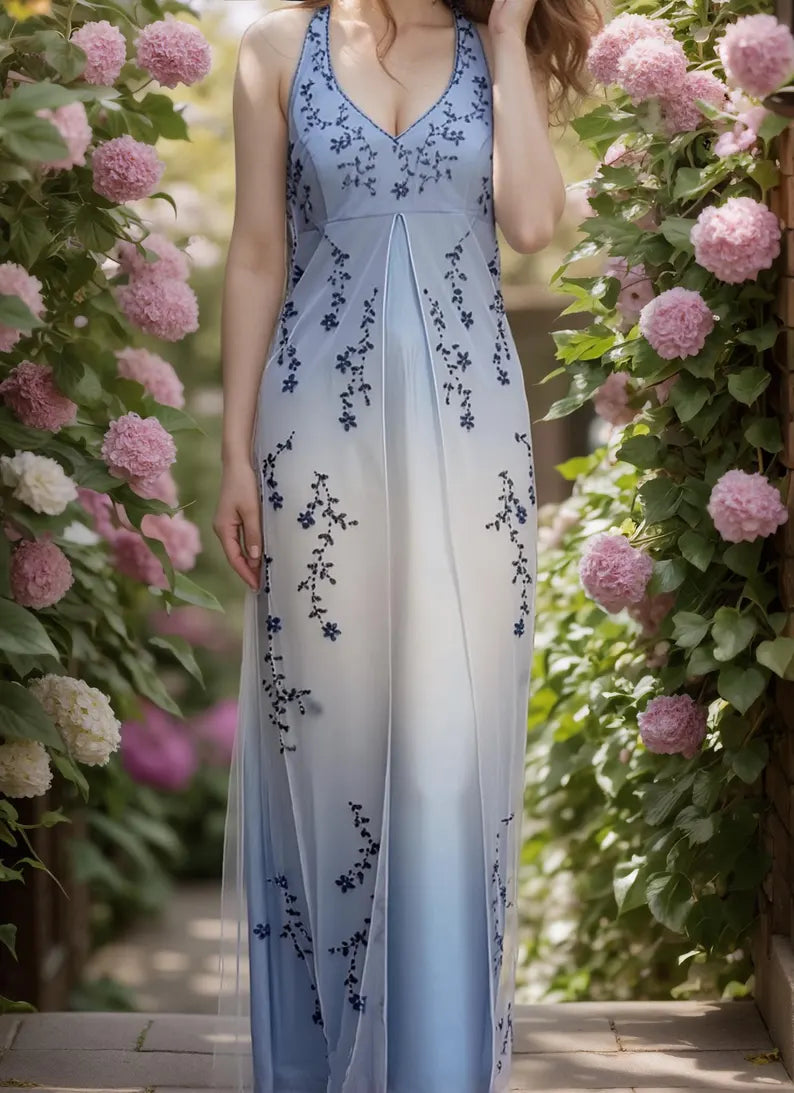 Girlhomeshops--Blue and white exquisite floral strap fashion long tulle floor-length ball gown graduation dress gh5520