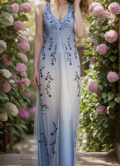 Girlhomeshops--Blue and white exquisite floral strap fashion long tulle floor-length ball gown graduation dress gh5520