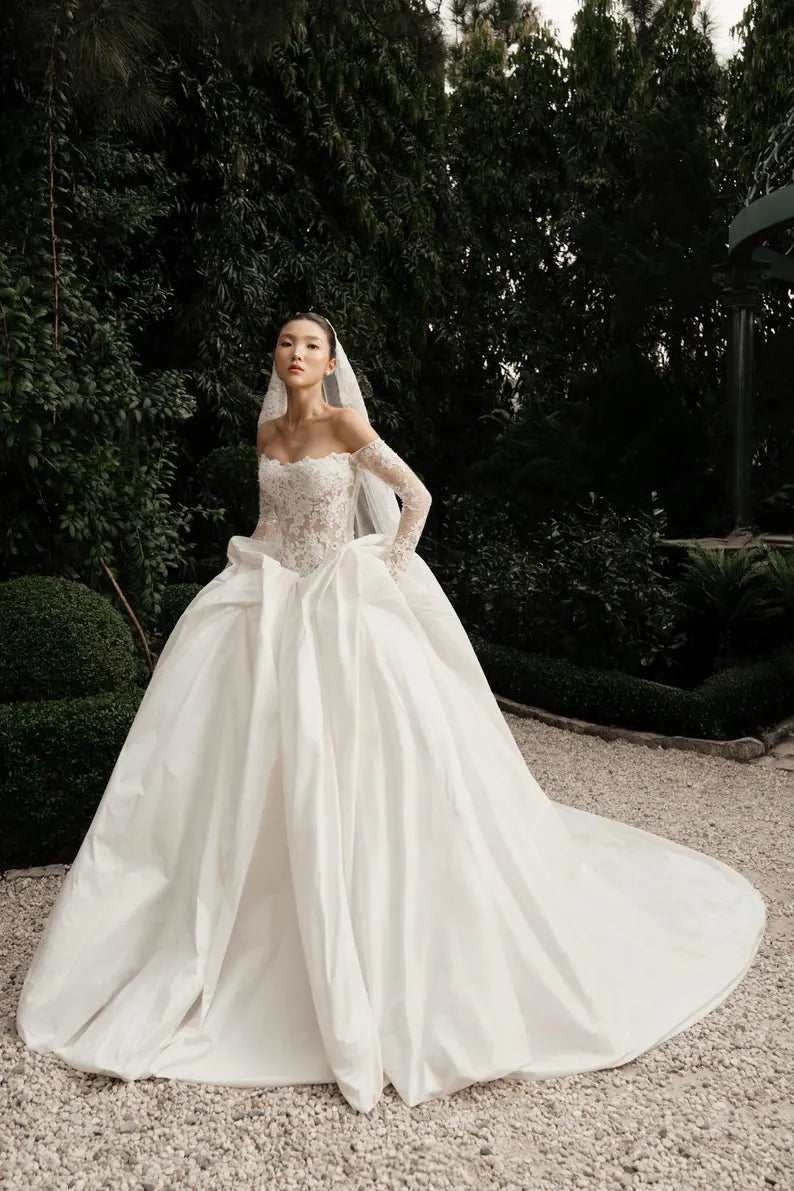 Romantic Ivory Off-the-Shoulder Lace Bodice Satin A-Line Wedding Dress TP5921