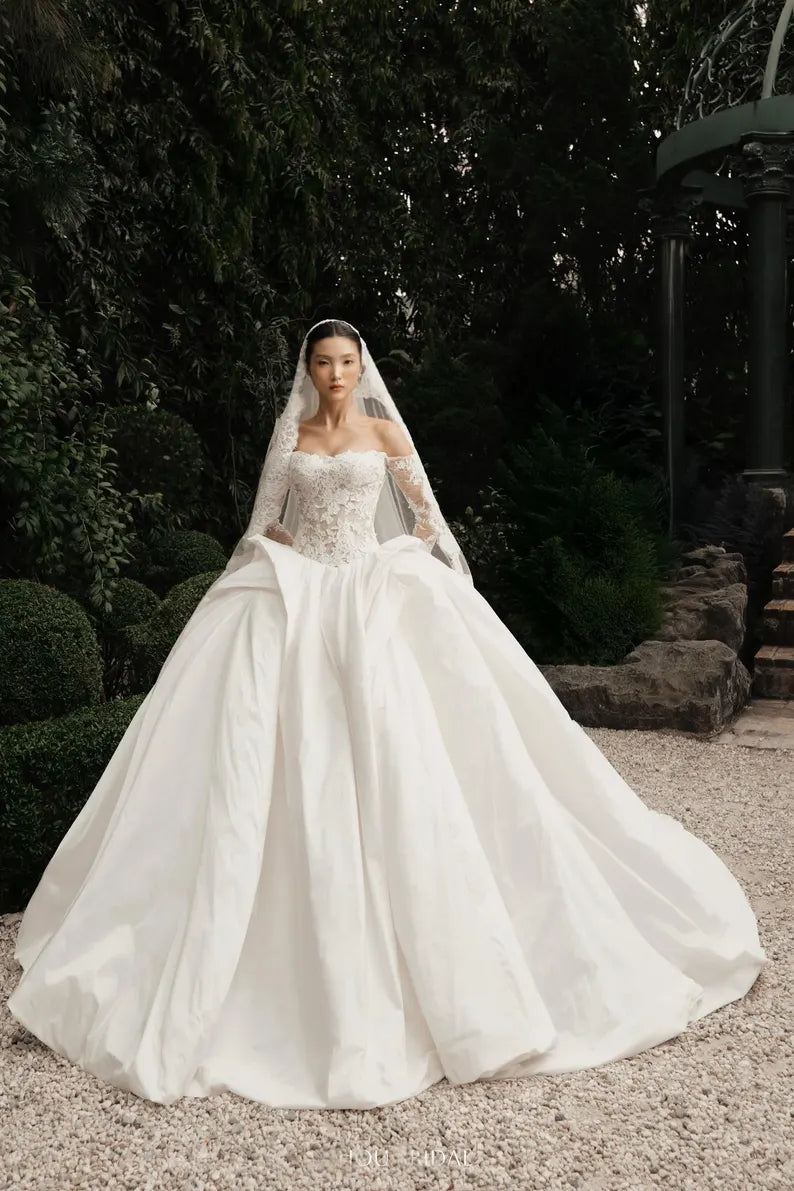 Romantic Ivory Off-the-Shoulder Lace Bodice Satin A-Line Wedding Dress TP5921