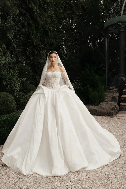 Romantic Ivory Off-the-Shoulder Lace Bodice Satin A-Line Wedding Dress TP5921