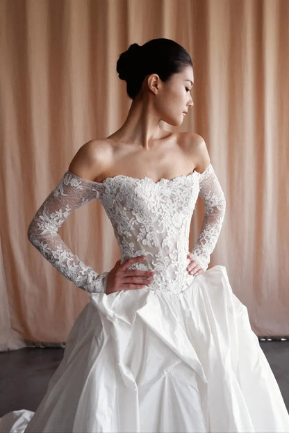 Romantic Ivory Off-the-Shoulder Lace Bodice Satin A-Line Wedding Dress TP5921
