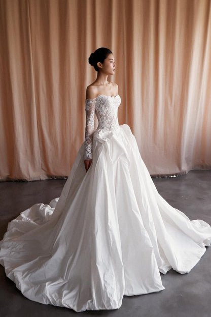 Romantic Ivory Off-the-Shoulder Lace Bodice Satin A-Line Wedding Dress TP5921