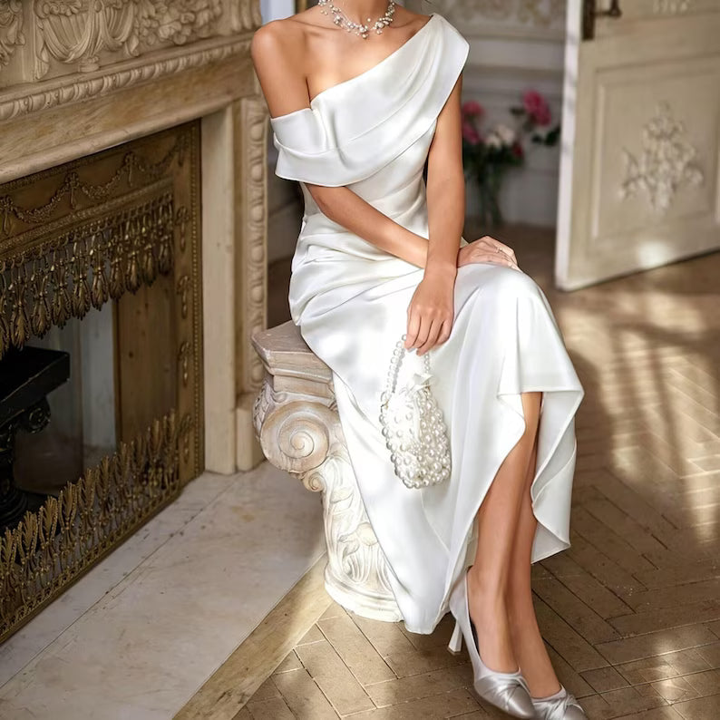 Elegant Off-the-Shoulder Satin Draped Mermaid Wedding Dress TP5927