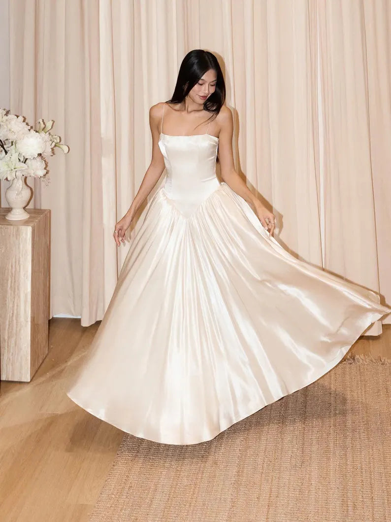Elegant Ivory Spaghetti Strap Satin A-Line Wedding Dress TP5926
