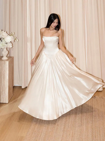 Elegant Ivory Spaghetti Strap Satin A-Line Wedding Dress TP5926