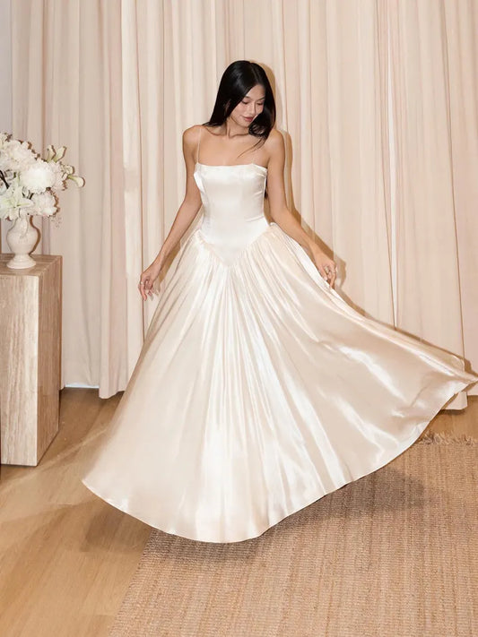 Elegant Ivory Spaghetti Strap Satin A-Line Wedding Dress TP5926