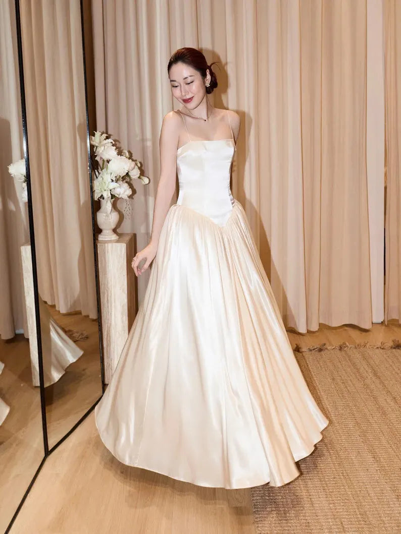 Elegant Ivory Spaghetti Strap Satin A-Line Wedding Dress TP5926