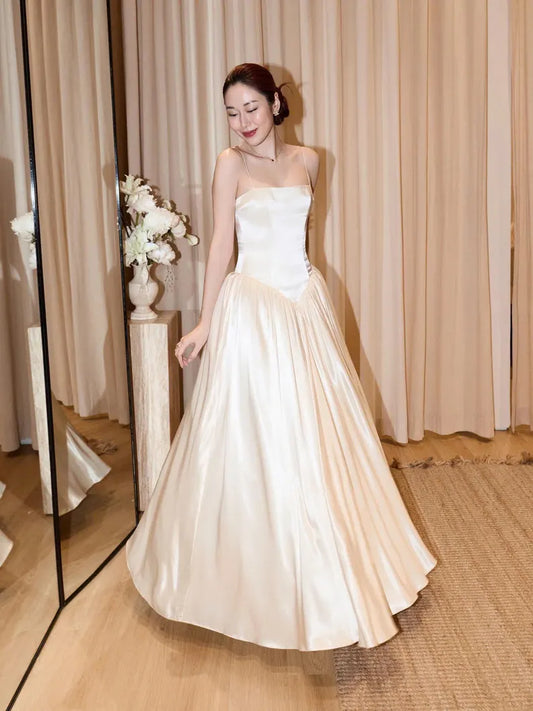 Elegant Ivory Spaghetti Strap Satin A-Line Wedding Dress TP5926