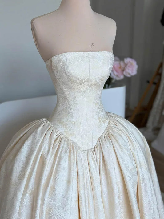 Elegant Champagne Strapless Jacquard Satin A-Line Wedding Dress TP5925