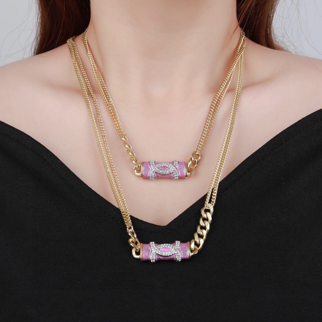 Chanel CC Pendant Necklace With Gold Metal In Pink