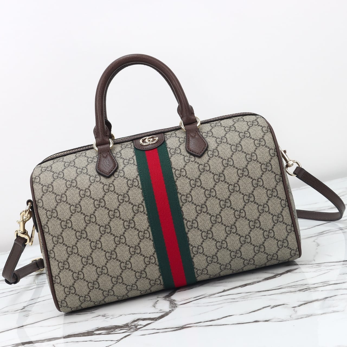 Gucci Ophidia Large Boston Bag Beige And Dark Brown 30cm ‎836824 FAE0J 9867