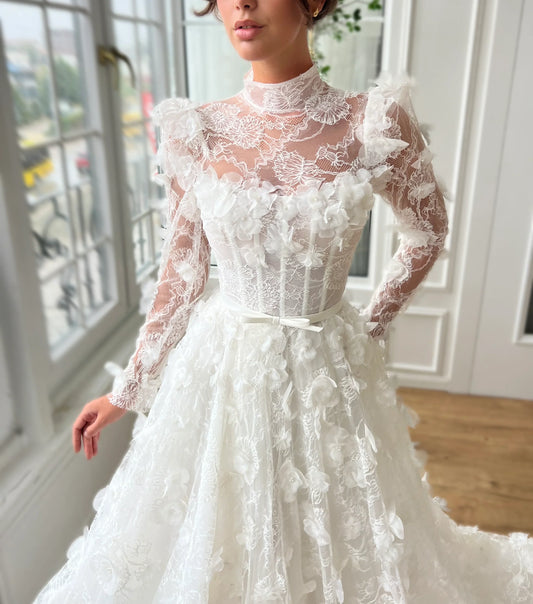 Elegant Ivory Strapless Sweetheart 3D Floral Sparkly Mermaid Detachable Tulle Beaded Long Train Wedding Dress TP5908