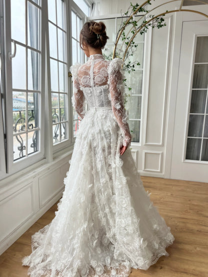 Elegant Ivory Strapless Sweetheart 3D Floral Sparkly Mermaid Detachable Tulle Beaded Long Train Wedding Dress TP5908