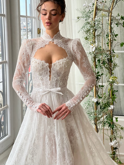 Vintage High Neck Floral Lace Long Sleeve A-Line Wedding TP5914