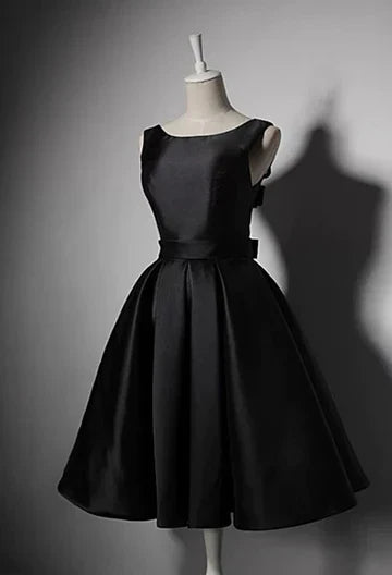 Black elegant cute simple knee-length mid-length satin homecoming dress prom dress evening dress party dress gh188