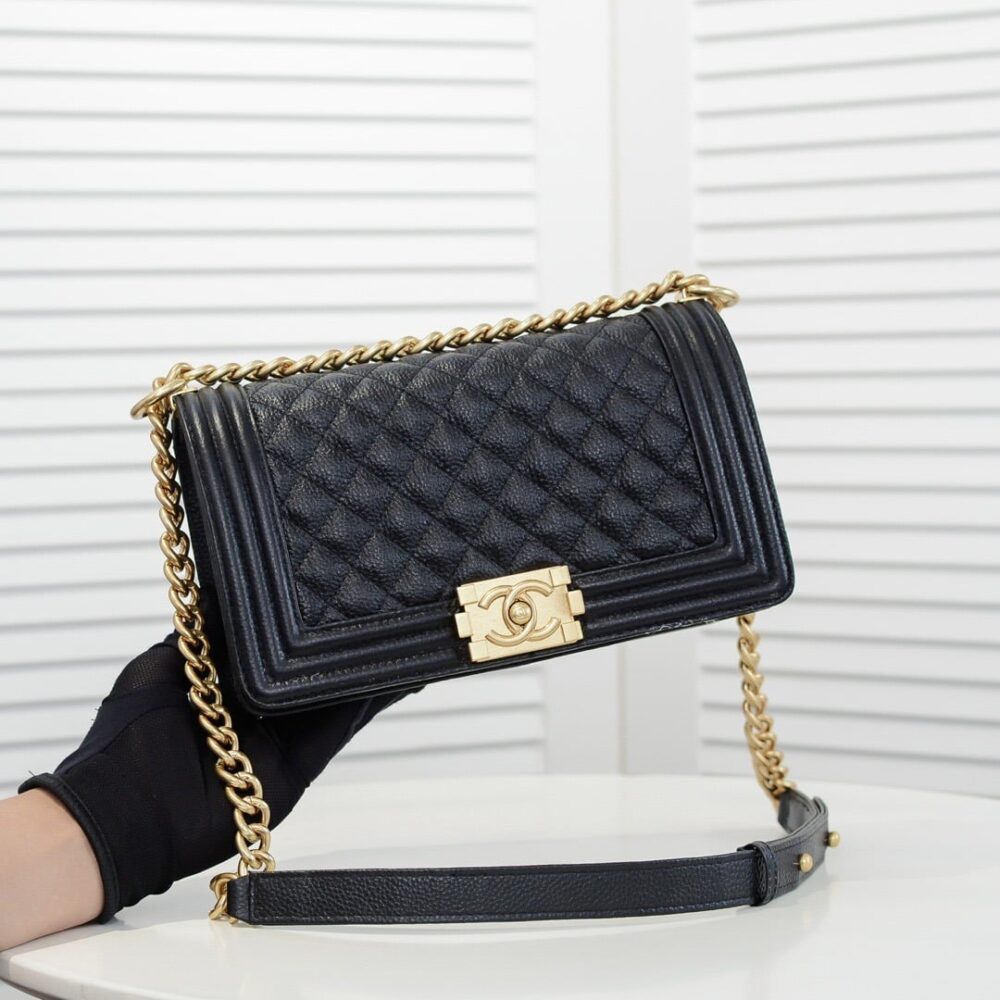 Chanel Boy Medium Handbag Grained And Gold Tone Metal Black 25Cm
