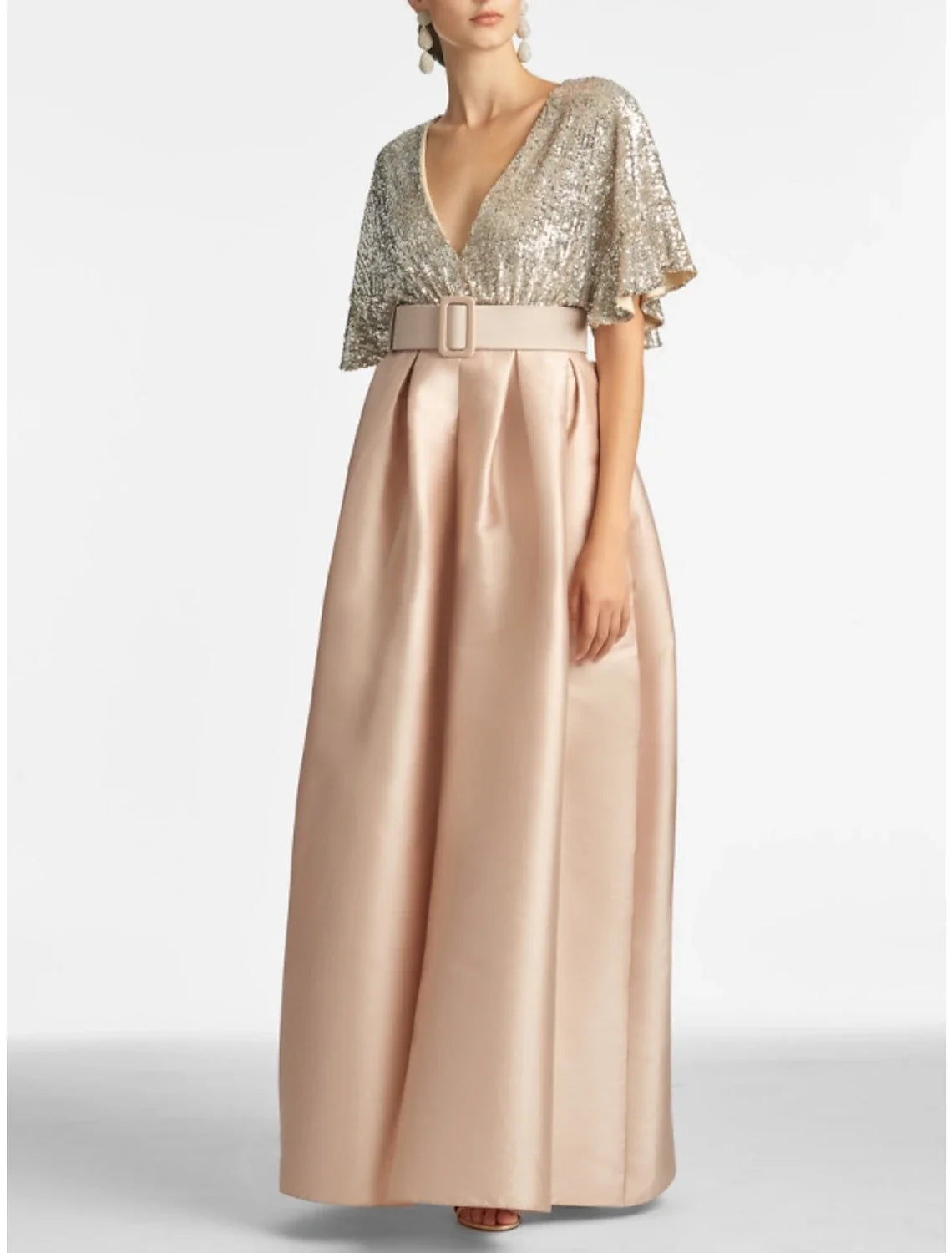 A-Line Evening Gown Sparkle & Shine Dress Formal Wedding Guest Ankle Length Half Sleeve V Neck Satin with Glitter Pleats 2026