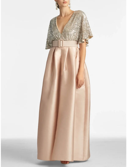 A-Line Evening Gown Sparkle & Shine Dress Formal Wedding Guest Ankle Length Half Sleeve V Neck Satin with Glitter Pleats 2026