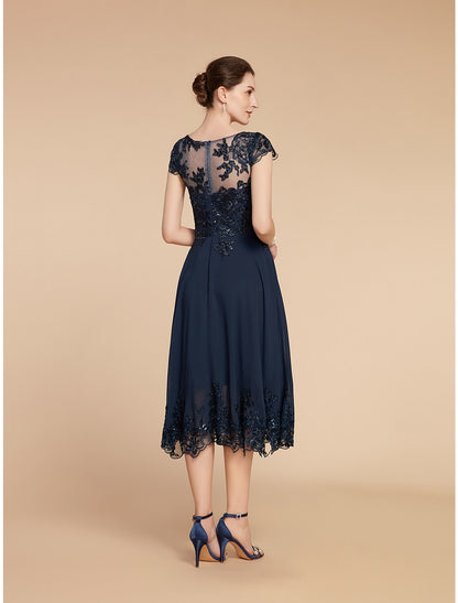 A-Line Mother of the Bride Dress Formal Wedding Guest Elegant Vintage Scoop Neck Tea Length Lace 3/4 Length Sleeve with Sequin Appliques
