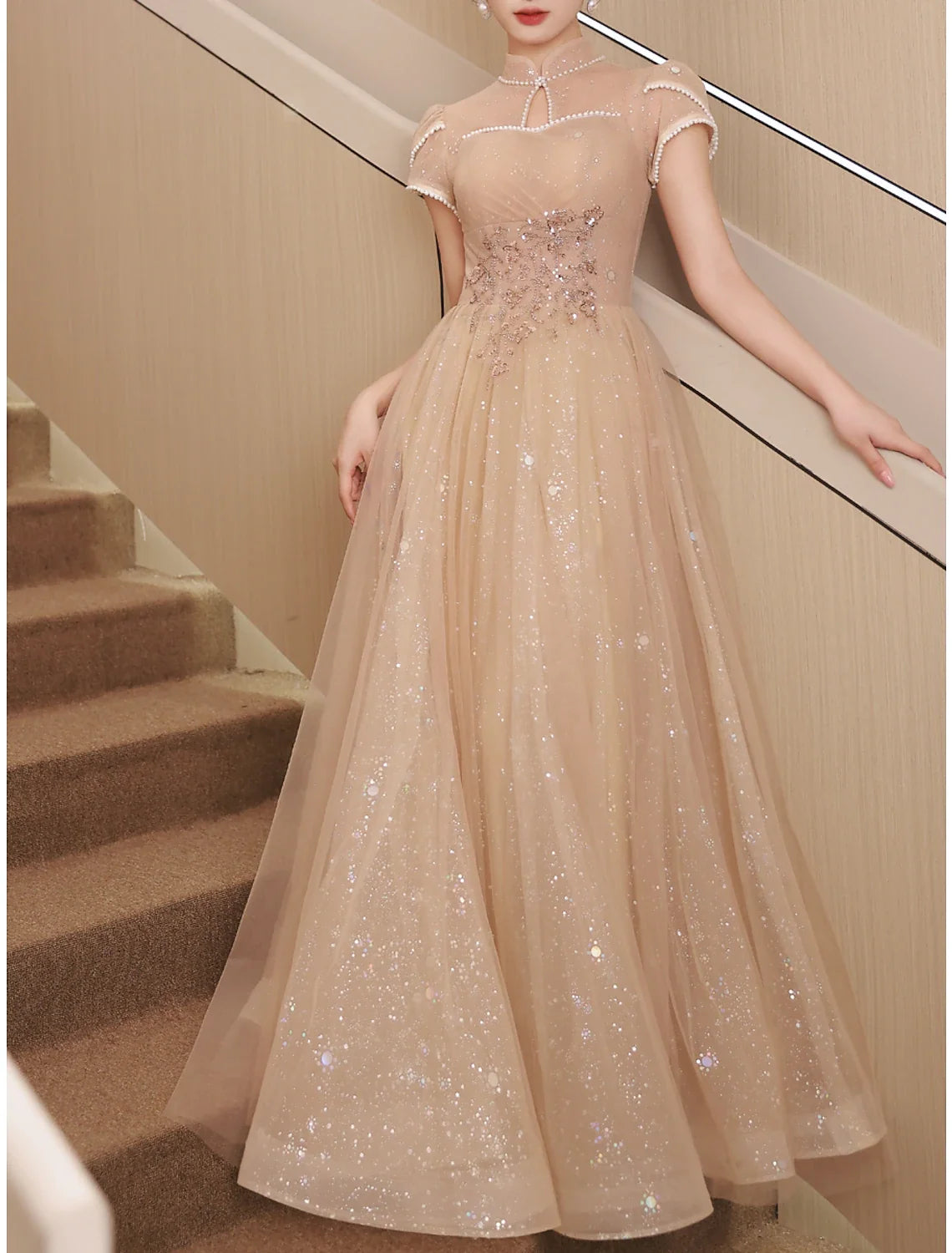 A-Line Evening Gown Sparkle & Shine Dress Engagement Prom Floor Length Short Sleeve Stand Collar Satin with Buttons Ruched Pearls