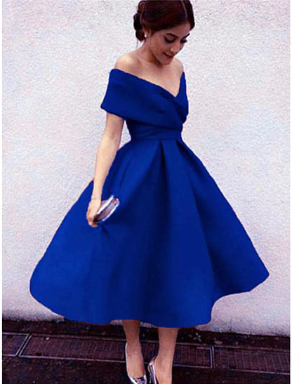 A-Line Cocktail Dresses 1950s Dress Wedding Guest Homecoming Tea Length Short Sleeve V Neck Fabric V Back with Pleats
