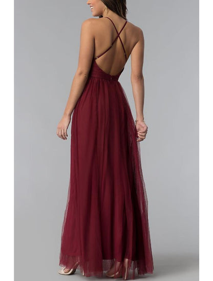 Sheath / Column Prom Dresses Elegant Dress Wedding Guest Prom Floor Length Sleeveless Halter Neck Bridesmaid Dress Tulle Crisscross Back with Sash / Ribbon Pleats Split Front