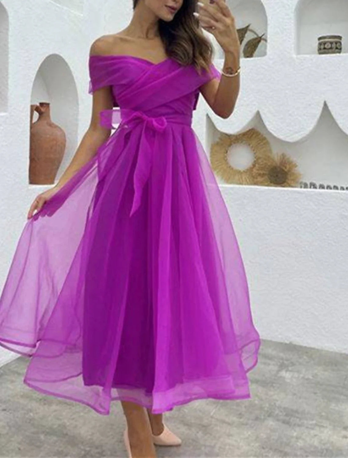 A-Line Cocktail Dresses 1950s Dress Wedding Guest Birthday Tea Length Sleeveless Off Shoulder Belt / Sash Organza with Ruched 2026