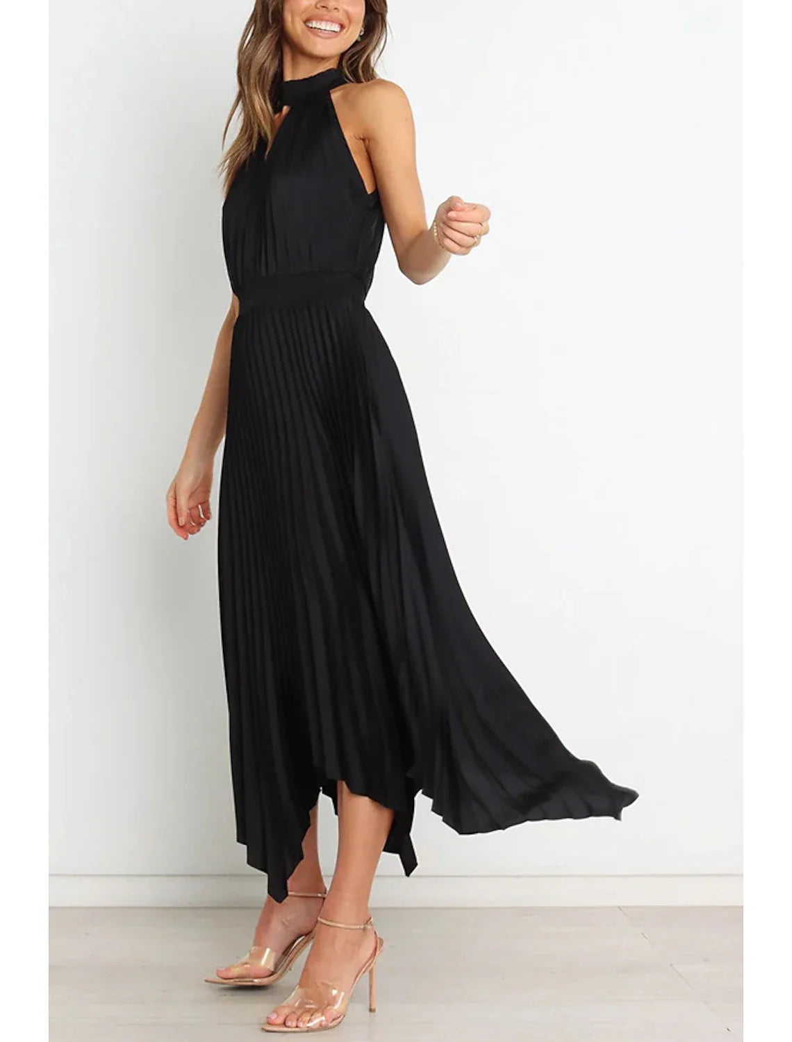 A-Line Party Dresses Casual Dress Homecoming Wedding Guest Asymmetrical Sleeveless Halter Neck Satin with Pleats