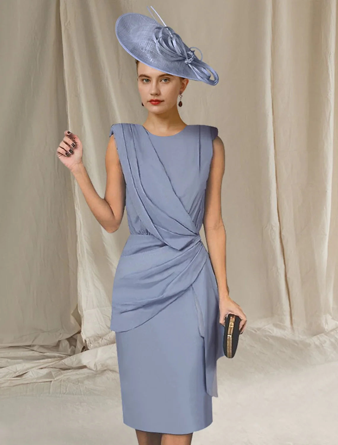 Sheath / Column Mother of the Bride Dress Elegant Sweet Jewel Neck Knee Length Fabric Sleeveless with Ruffles