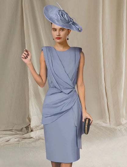 Sheath / Column Mother of the Bride Dress Elegant Sweet Jewel Neck Knee Length Fabric Sleeveless with Ruffles