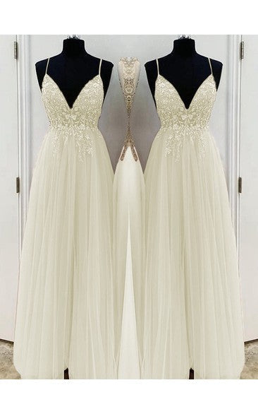 A-line/elegant beaded chiffon thin shoulder strap sleeveless floor length Prom dress